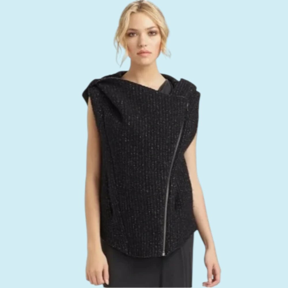 Helmut Lang Sweater Vest Women's Large Black Knit Hooded Full Zip Asymmetrical